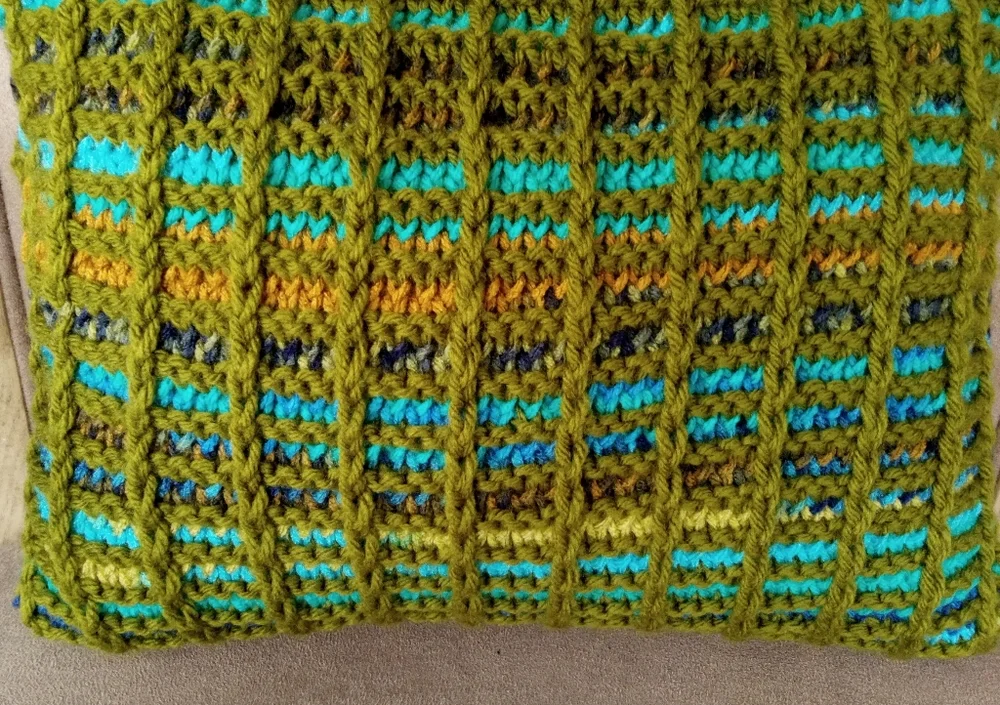 Hand Crafted Knit Olive Throw Pillow Multi Color Button Removable Case